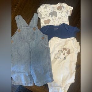 Carter's Denim Overalls and 3 neutral bear onesies. size 6m